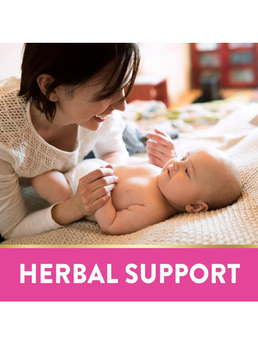 An adult woman smiling and interacting with a baby on a blanket, with the text 'HERBAL SUPPORT' visible.