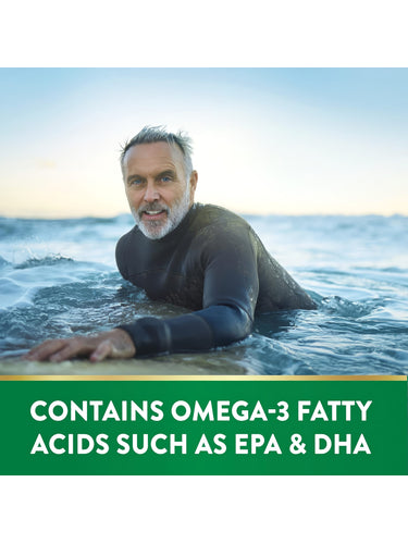 Man on surfboard in ocean, smiling. Green banner states: Contains omega-3 fatty acids such as EPA and DHA.