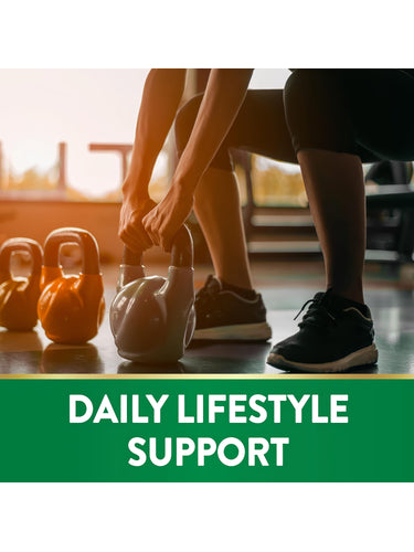 An adult woman squats with a kettlebell in a gym. Text overlay reads 'DAILY LIFESTYLE SUPPORT'.