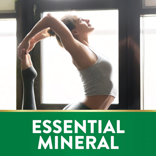 View 4 A young woman practices a yoga pose with 'ESSENTIAL MINERAL' text on a green banner below.