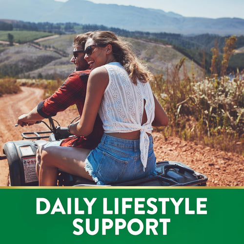Smiling young couple riding an ATV on a dirt road in the mountains. Text banner at bottom: DAILY LIFESTYLE SUPPORT.