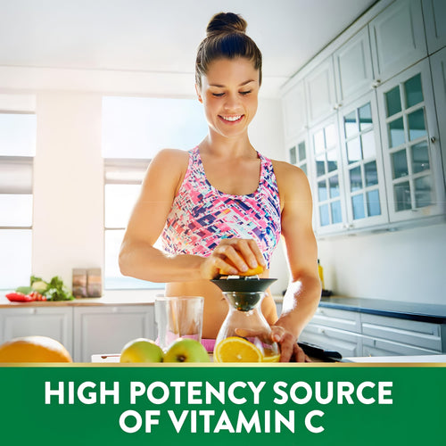 Woman in kitchen squeezing an orange. Banner reads: High potency source of vitamin C.