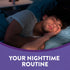 Young man sleeping soundly in bed on a blue pillow, with graphic text 'YOUR NIGHTTIME ROUTINE' for Melatonin gummies.