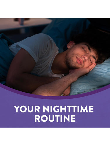 Young man sleeping soundly in bed on a blue pillow, with graphic text 'YOUR NIGHTTIME ROUTINE' for Melatonin gummies.