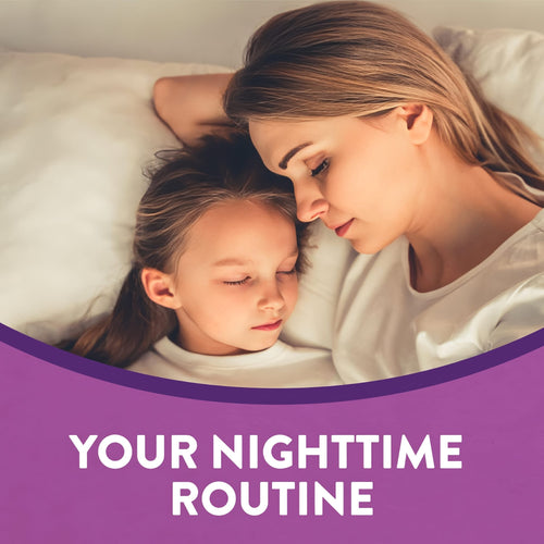 A woman and a young girl sleep peacefully in bed, with graphic text saying 'YOUR NIGHTTIME ROUTINE'.