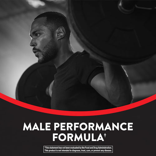 Man weightlifting with a bottle of Male Performance Formula nearby.