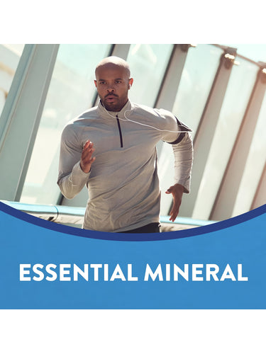 Adult man running outdoors, with the text 'ESSENTIAL MINERAL' promoting Magnesium Glycinate.