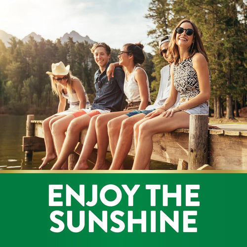 Young adults on a dock by a lake, smiling and enjoying the sunshine, with graphic text 'ENJOY THE SUNSHINE', for D3 Softgels.