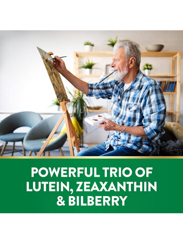 Product highlights graphic stating POWERFUL TRIO OF LUTEIN, ZEAXANTHIN & BILBERRY.