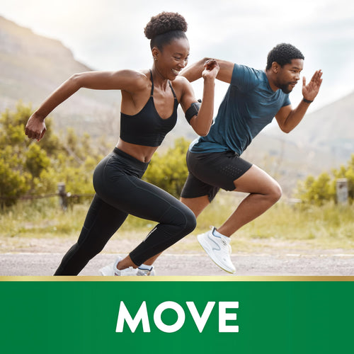 A young adult man and woman jogging outdoors with the word 'MOVE' displayed at the bottom.