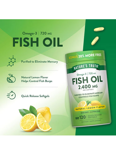 Nature's Truth Omega-3 Fish Oil 2400 mg with natural lemon flavor, includes 120 quick release softgels and 20% more free.