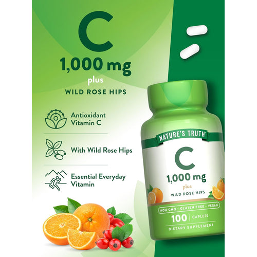 Nature's Truth Vitamin C 1,000 mg with Wild Rose Hips, 100 caplets. Non-GMO, Gluten Free, and Vegan.