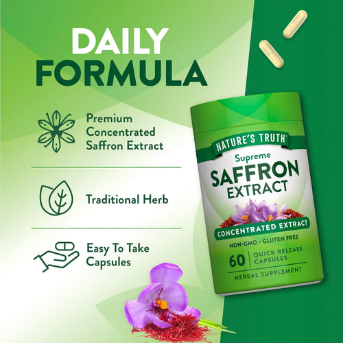 Product highlights graphic stating Premium Concentrated Saffron Extract, Traditional Herb, Easy To Take Capsules.