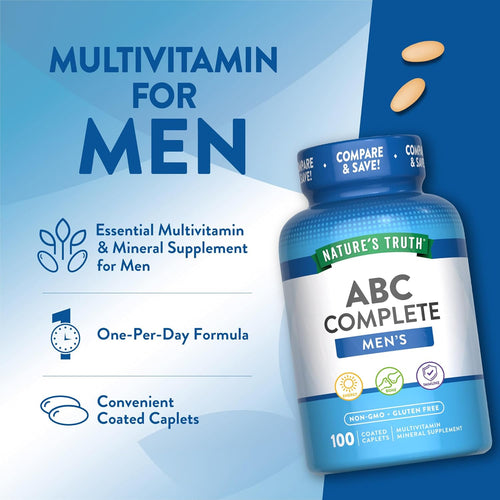 Nature's Truth ABC Complete Men's Multivitamin, 100 Caplets, Non-GMO, Gluten Free, Mineral Supplement.