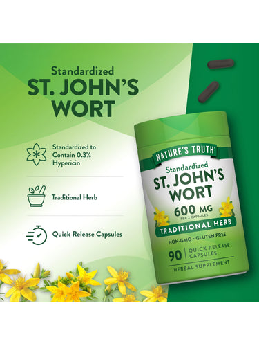 Product highlights graphic stating it is standardized to contain 0.3% Hypericin and labeled as traditional herb, quick release capsules.