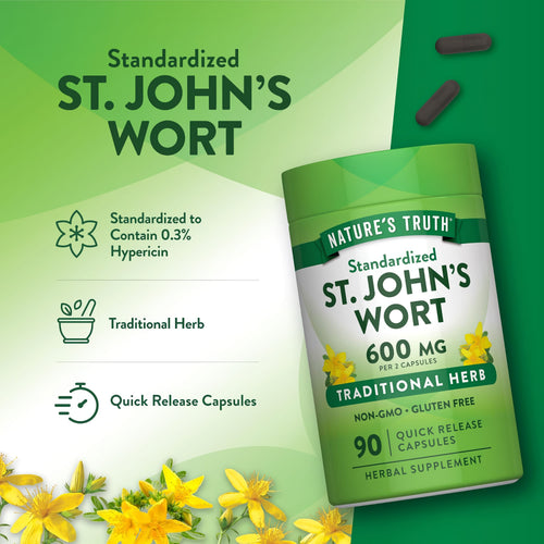 Product highlights graphic stating it is standardized to contain 0.3% Hypericin and labeled as traditional herb, quick release capsules.