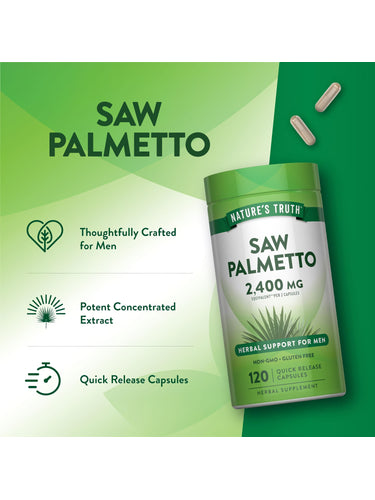 Nature's Truth Saw Palmetto 2400 mg, 120 Capsules. Herbal support for men. Non-GMO, gluten-free, quick release.