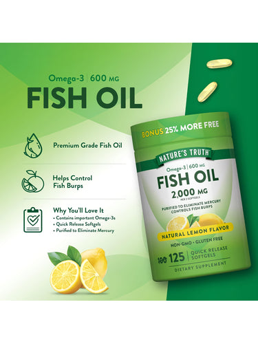 Nature's Truth Fish Oil 2000 mg with 600 mg Omega-3, 125 Quick Release Softgels, Lemon Flavor, Non-GMO, Gluten Free.