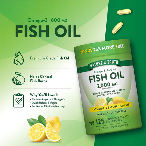 Nature's Truth Fish Oil 2000 mg with 600 mg Omega-3, 125 Quick Release Softgels, Lemon Flavor, Non-GMO, Gluten Free.