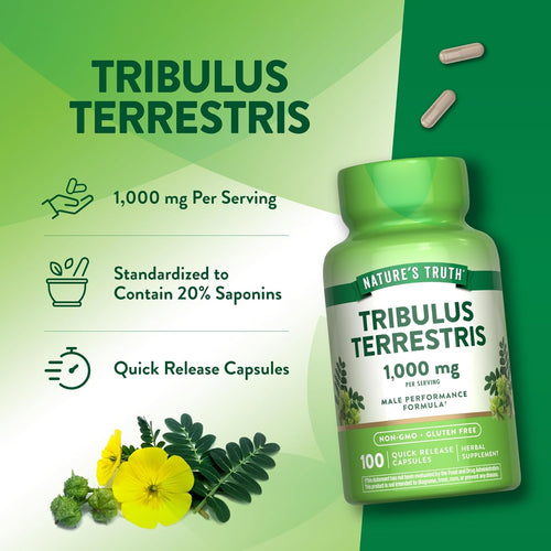 Tribulus Terrestris 1,000 mg Male Performance Formula, 100 Quick Release Capsules herbal supplement bottle.