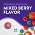 Zinc 50 mg gummy, 3/4 inches, showing 'Delicious Gummies MIXED BERRY FLAVOR' with fresh berries.