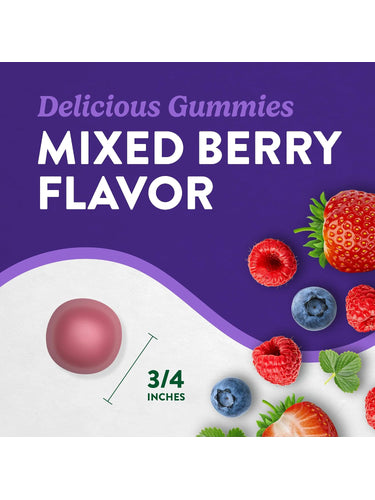Zinc 50 mg gummy, 3/4 inches, showing 'Delicious Gummies MIXED BERRY FLAVOR' with fresh berries.