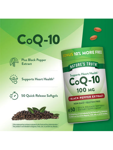 Product highlights graphic stating: Plus Black Pepper Extract. Supports Heart Health†. Includes 50 Quick Release Softgels.