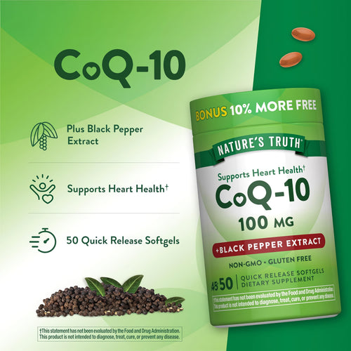 Product highlights graphic stating: Plus Black Pepper Extract. Supports Heart Health†. Includes 50 Quick Release Softgels.