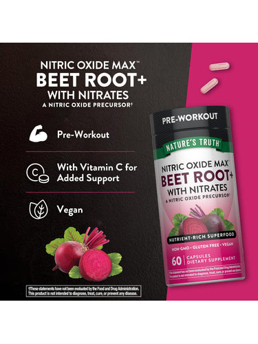 Product highlights graphic stating Pre-Workout with Vitamin C for added support, Vegan, showing key product benefits.