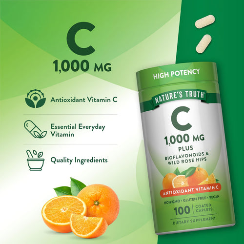 Product highlights graphic stating Antioxidant Vitamin C, Essential Everyday Vitamin, Quality Ingredients, within 150 chars