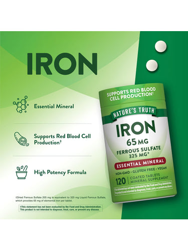 Product highlights graphic stating Essential Mineral, Supports Red Blood Cell Production†, High Potency Formula.