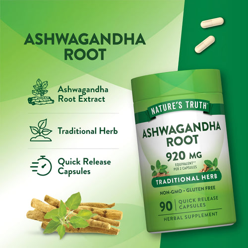 Ashwagandha Root supplement, 920 mg equivalent per serving, contains 90 quick-release capsules.