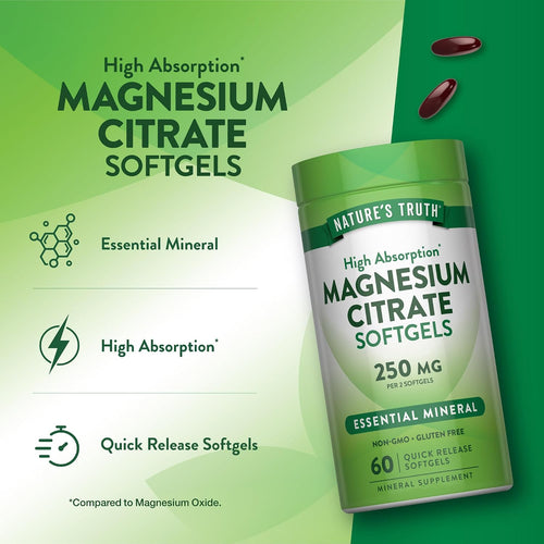 Product highlights graphic stating Essential Mineral, High Absorption* (*Compared to Magnesium Oxide), Quick Release Softgels.