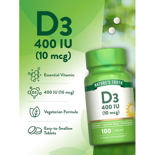 Nature's Truth D3 400 IU (10 mcg) 100 Tablets Vitamin Supplement.