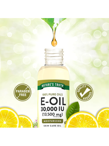 Nature's Truth E-Oil 30,000 IU (13,500 mg) bottle for moisturizing skin care. Paraben free and quality assured.