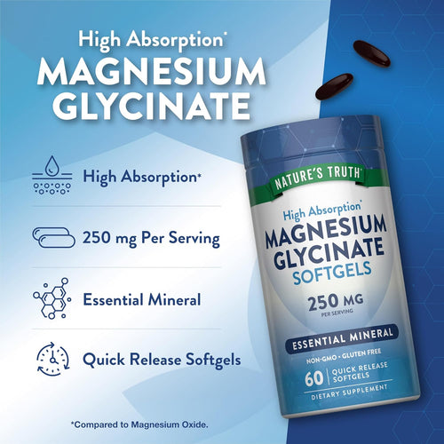 Nature's Truth High Absorption Magnesium Glycinate Softgels, 250 mg, 60 Quick Release, Non-GMO, Gluten Free.