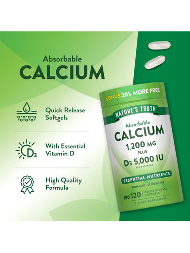 Product highlights graphic stating Absorbable Calcium, Quick Release Softgels, Essential Vitamin D, High Quality Formula, Bonus 20% More Free.