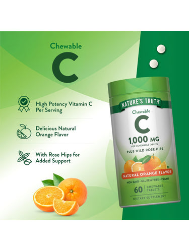 Nature's Truth Chewable C 1000 mg with Wild Rose Hips offers a natural orange flavor in 60 chewable tablets.