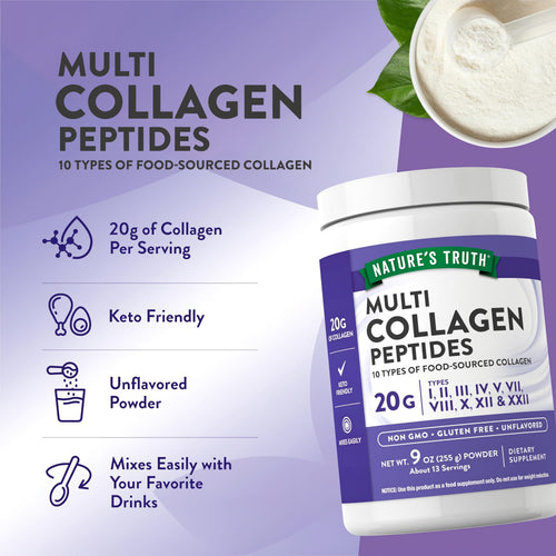 Nature's Truth Multi Collagen Peptides Powder with 10 types, 20g, 9 oz, non-GMO, gluten-free, unflavored.