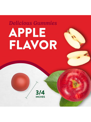 Apple Cider Vinegar Gummies, 3/4 inches, labeled 'Delicious Gummies APPLE FLAVOR', with whole and sliced red apples.