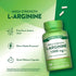 Product highlights graphic stating Mega Strength L-Arginine, Free Form Amino Acid, Nitric Oxide Precursor†, Quick Release Capsules.