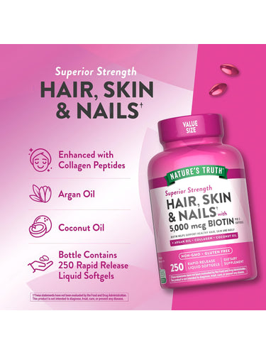 Product highlights graphic stating Enhanced with Collagen Peptides, Argan Oil, Coconut Oil, 250 Rapid Release Liquid Softgels.