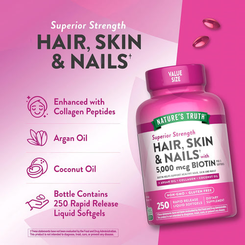 Product highlights graphic stating Enhanced with Collagen Peptides, Argan Oil, Coconut Oil, 250 Rapid Release Liquid Softgels.