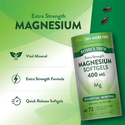 Nature's Truth Extra Strength Magnesium Softgels, 400 mg, 60+12 count. Essential mineral, extra strength, quick release.