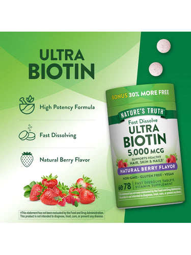 NATURE'S TRUTH Ultra Biotin 5,000 MCG, 78 Fast Dissolve Tablets, Natural Berry Flavor, 30% More Free.