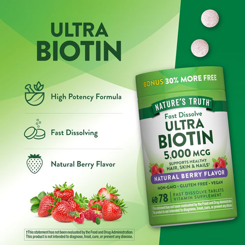 NATURE'S TRUTH Ultra Biotin 5,000 MCG, 78 Fast Dissolve Tablets, Natural Berry Flavor, 30% More Free.