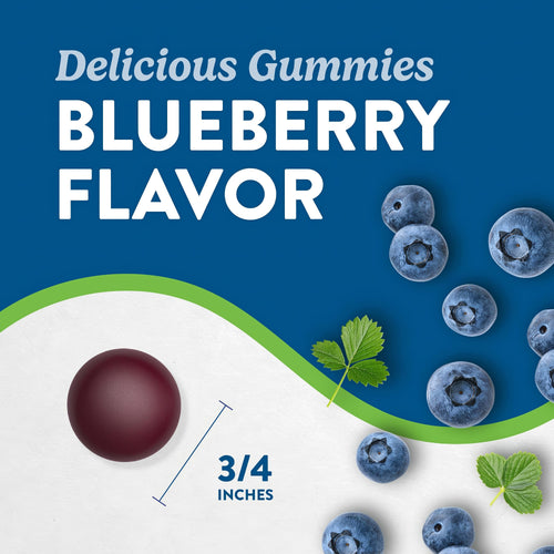 A 3/4-inch blueberry flavor gummy next to fresh blueberries.