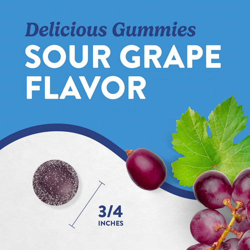 A dark purple, sugar-coated Sour Grape gummy measuring three-fourths of an inch held between fingers.