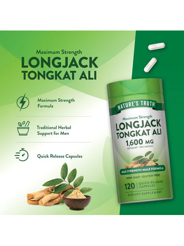 Product highlights graphic stating Maximum Strength Formula, Traditional Herbal Support for Men, Quick Release Capsules.