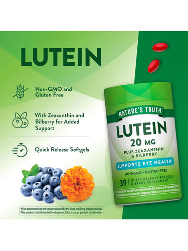 Nature's Truth Lutein 20 mg with Zeaxanthin and Bilberry: 39 quick release softgels. Non-GMO, gluten free. Supports eye health.